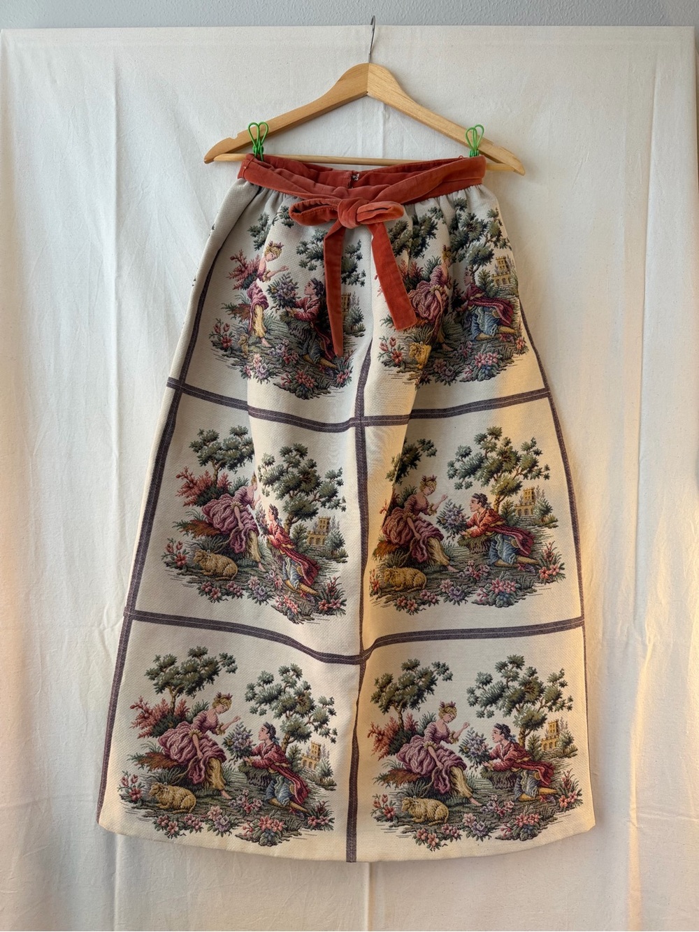 Vintage Handmade Cream Tapestry Midi Skirt with Velvet Rust Waist Tie